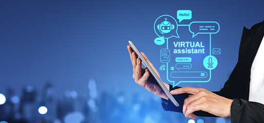 Woman hands with tablet, virtual assistant with communication icons, copy space