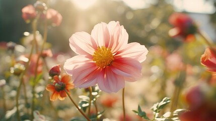 Close up of Pink flowers in summer spring, turquoise background.
