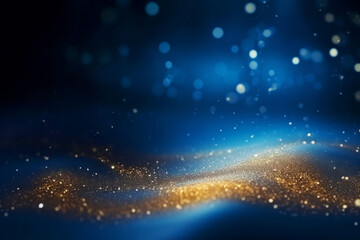 Golden abstract bokeh, waves and particles on blue background. Celebrating Christmas, New Year or other holidays.