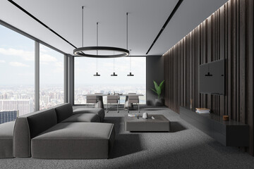 Stylish home living room interior with sofa and dining table, panoramic window