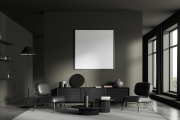 Dark home living room interior with armchairs and sideboard, mockup frame