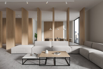 Cozy home living room interior with sofa and eating space, panoramic window