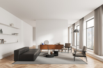 Cozy home living room interior with couch, chairs and panoramic window