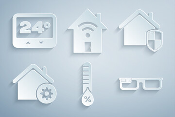 Set Humidity, House under protection, Smart home settings, glasses, with wi-fi and Thermostat icon. Vector