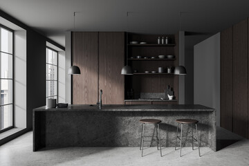 Dark home kitchen interior with bar countertop, shelves and panoramic window