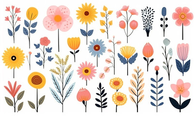 Collection of beautiful wild herbs, herbaceous flowering plants, blooming flowers. Botanical illustration. Set of cartoon bouquets for greeting card or stickers with simple background.