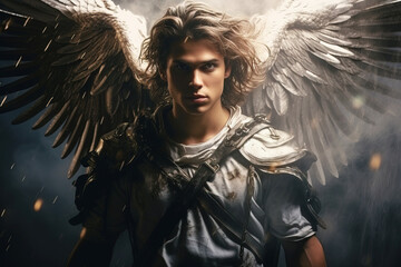 Close-up portrait of an angel with outstretched wings in battle armor - obrazy, fototapety, plakaty