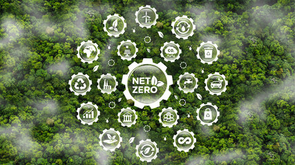 Net zero and carbon neutral concept. Net Zero icons on Top view of nature. Net zero greenhouse gas...