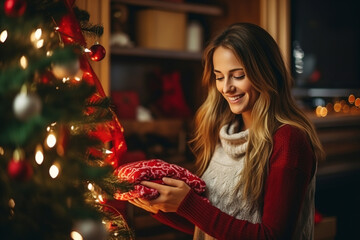 Obraz na płótnie Canvas A young smiling woman puts a Christmas present under the tree