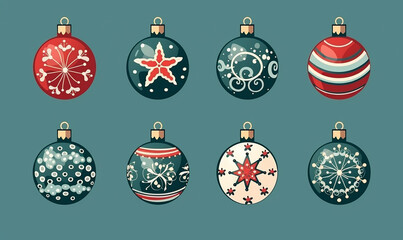 Set of cartoon Christmas balls for greeting card or stickers. Beautiful set color ornate balls. New year design elements. Decorations for Christmas tree. Digital illustration.