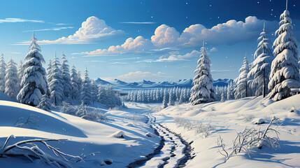 Winter landscape with snowy fir trees on both sides of the road and a picturesque sky with white clouds on a sunny day