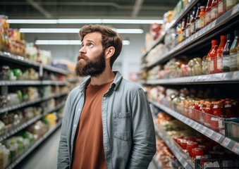 Thoughtful bearded attractive young man is shopping