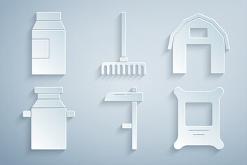 Set Scythe, Farm house, Can container for milk, Fertilizer bag, Garden rake and Paper package icon. Vector