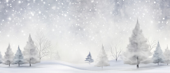 Naklejka premium Christmas card, print, postcard, banner and poster. Shining illustration for New Year with copy space. Silver aquarel Christmas background with glitter, decor snowflakes and silver Christmas tree.