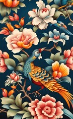 Chinoiserie Vintage floral illustration for wallpaper, fabric, packaging. Mural. Bloom. Seamless background with exotic birds and flowers, Generative AI