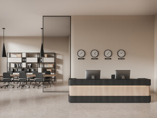 Beige office interior desk with pc desktop and glass meeting room with furniture