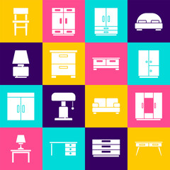 Set Office desk, Wardrobe, Furniture nightstand, Table lamp, Chair and Chest of drawers icon. Vector