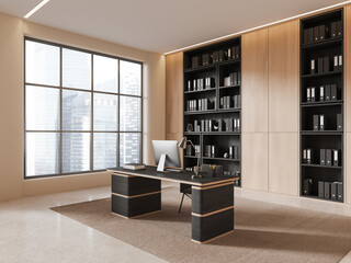 Modern office interior with work desk, pc desktop and shelf near window