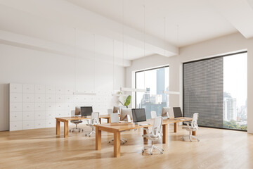 White open space office corner with wooden desks