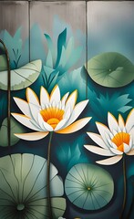 Water lilies, pitchers. Graphic flowers painted on concrete grunge wall. Stunningly beautiful, vintage, modern mural, wallpaper, photo wallpaper, cover, Generative AI