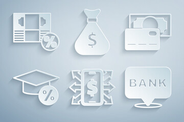 Fototapeta premium Set Smartphone with dollar, Credit card, Graduation cap and coin, Bank building, Money bag and percent icon. Vector
