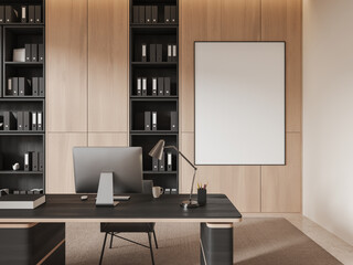 Stylish ceo interior desk with pc desktop and shelf with folders. Mockup frame