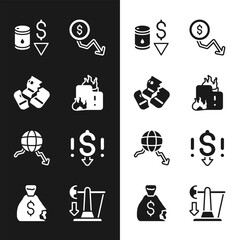 Set Fire in burning house, Credit card, Drop crude oil price, Dollar rate decrease, Global economic crisis, and Money bag icon. Vector