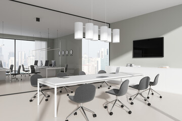 Cozy business interior with glass conference and coworking space, window