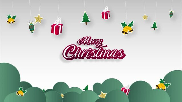 merry christmas text with decoration of stars, christmas tree, giftbox, christmas bells and lamps, papercut style, 4K animation.