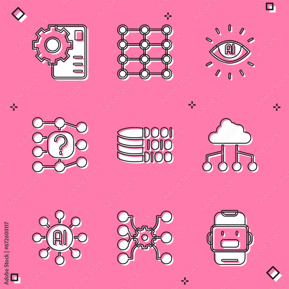 Poster set neural network, artificial intelligence ai, binary code, network cloud connection, and icon. vec