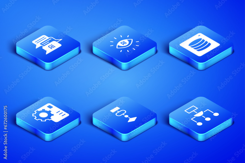 Poster Set Algorithm, Chat bot, Neural network, Artificial intelligence AI and Server, Data icon. Vector