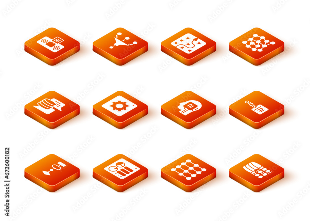 Poster Set Algorithm, Computer api interface, Server, Data, Neural network, Humanoid robot, Binary code and icon. Vector