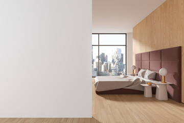 Fototapeta na wymiar Stylish home bedroom interior with bed, panoramic window and mock up wall