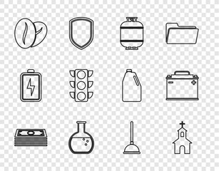 Set line Stacks paper money cash, Church building, Propane gas tank, Test tube and flask, Coffee beans, Traffic light, Rubber plunger and Car battery icon. Vector