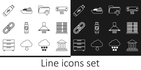 Set line Bank building, Server, Data, Web Hosting, Add new folder, USB flash drive and shield, Chain link, Kitchen extractor fan and Ship icon. Vector - obrazy, fototapety, plakaty