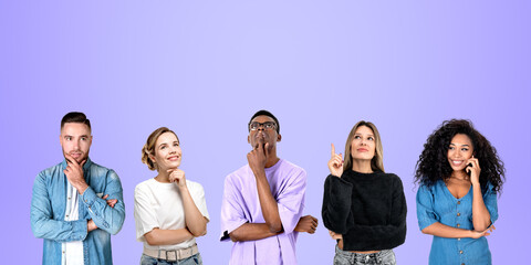 Multinational pensive young people portraits in row, empty purple background