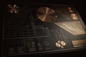 Metallic bronze finance chart with diagram on black background. Generative AI