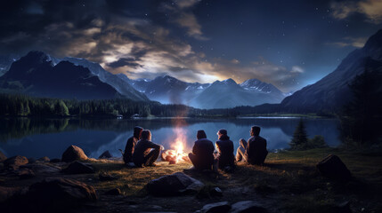 group of friends around a campfire by a lake  - obrazy, fototapety, plakaty