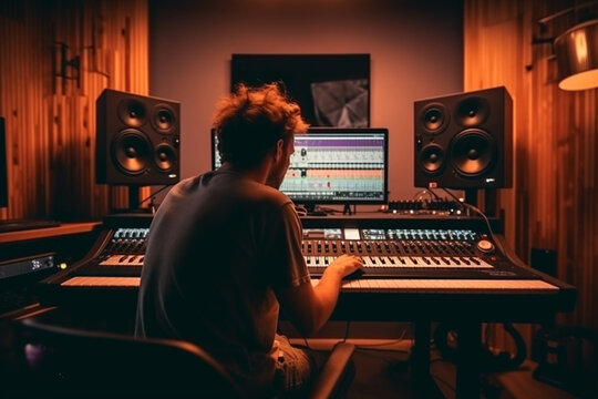 One man produce electronic music in project home studio, Sound and audio production in professional recording studio by producer