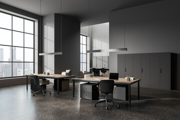 Gray coworking office workplace interior