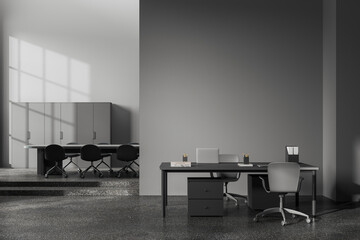 Gray board room interior with computer desk and blank wall - obrazy, fototapety, plakaty