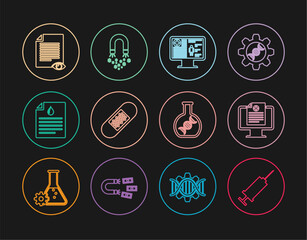 Set line Syringe, Clinical record on monitor, Bandage plaster, Clipboard with blood test, Paper page eye, DNA research, search and Magnet money icon. Vector