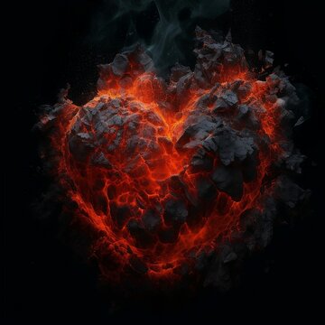AI generated illustration of a vibrant red heart-shaped flame burning on a dark background