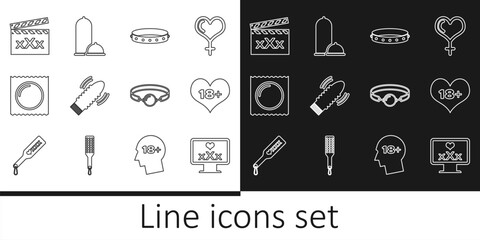 Set line Monitor with 18 plus content, heart, Leather fetish collar, Dildo vibrator for sex games, Condom in package, Movie clapper Sex, Silicone ball gag and Condoms safe icon. Vector - obrazy, fototapety, plakaty