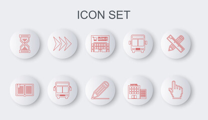 Set line Pixel hand cursor, Open book, Supermarket building, Hotel, Hourglass pixel, Arrow, Bus and Pencil line icon. Vector