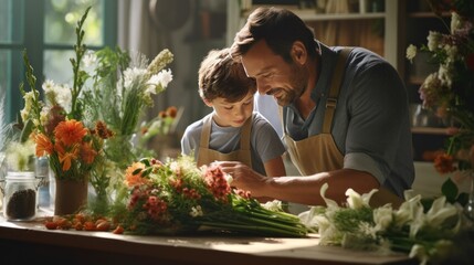 A father and son florist create beautiful bouquets with a variety of flowers and fresh bouquets. - obrazy, fototapety, plakaty