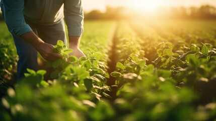 An elderly farmer sows fertilizer in a bright green cotton field.