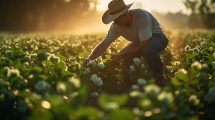 An elderly farmer sows fertilizer in a bright green cotton field. - obrazy, fototapety, plakaty