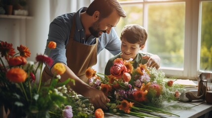 A father and son florist create beautiful bouquets with a variety of flowers and fresh bouquets. - obrazy, fototapety, plakaty
