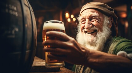 Elderly people drinking beer in beer barrels